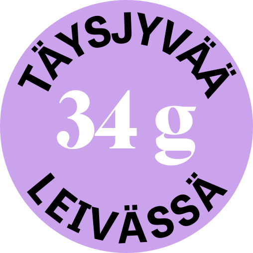 Symboli, jossa kerrotaan yhden leivän sisältävän 34 grammaa täysjyvää, 
