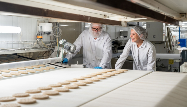 Kuvituskuva Moilasen leipomolta. Tuotekehittäjät seuraavat leipien kulkua linjastolla. 